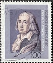 a postage stamp from Germany, showing a portrait of the poet and lyric poet Friedrich HÃÂ¶lderlin 1770Ã¢â¬â1843