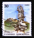 Postage stamp Greece, 1988. Statue of Athanasios Diakos and castle, Lamia