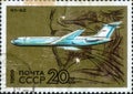 Postage stamp with the image of IL-62, 1962. From the series on Development of Soviet Civil Aviation, circa 1969 Royalty Free Stock Photo