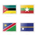 Postage stamp with the image of Mozambique, Myanmar, Namibia, Nauru flag Royalty Free Stock Photo