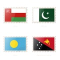 Postage stamp with the image of Oman, Pakistan, Palau, Papua New Guinea flag