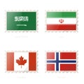 Postage stamp with the image of Saudi Arabia, Iran, Canada, Norway flag