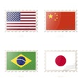 Postage stamp with the image of USA, China, Brazil, Japan flag