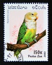 Postage stamp Laos, 1997. Madagascar Lovebird Agapornis cana bird