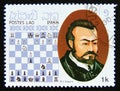 Postage stamp Laos, 1988. Ruy LÃÂ³pez de Segura chess champion portrait