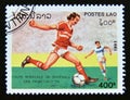 Postage stamp Laos, 1991. Soccer Players in action sport Royalty Free Stock Photo