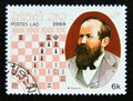 Postage stamp Laos, 1988. Wilhelm Steinitz 1st world champion chess
