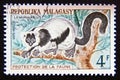 Postage stamp Madagascar, 1961. Black and white Ruffed Lemur Varecia variegata monkey
