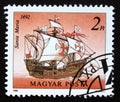 Postage stamp Magyar, Hungary, 1988, Santa MarÃÂ­a sailing ship Royalty Free Stock Photo