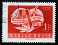 Postage stamp Magyar, Hungary, 1957, World Trade Union Congress, Leipzig; logo