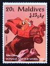 Postage stamp Maldives 1961. Donald Duck the Caveman in a crashed Car