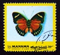 Postage stamp Manama, 1972. Eleus Orange Forester Euphaedra eleus butterfly