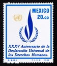 Postage stamp Mexico, 1983. Logo of the Universal Declaration of Human Rights and the shield of the UN