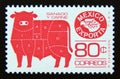 Postage stamp Mexico, 1976. Meat Cuts marked on bull