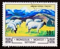 Postage stamp Mongolia 1982. Domestic Sheep Ovis ammon aries in the Highlands