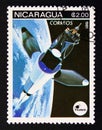 Postage stamp nicaragua, 1981. Rocket releasing Intelsat V