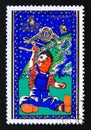 Postage stamp North Korea, 1979. Boy with model spaceman