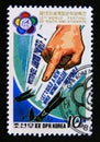 Postage stamp North Korea, 1988. Emblem, Student Games