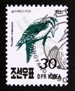 Postage stamp North Korea, 1990. Eurasian Three toed Woodpecker Picoides tridactylus bird