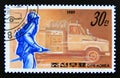 Postage stamp North Korea 1989. Fireman and fire engine Royalty Free Stock Photo