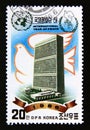 Postage stamp North Korea, 1986. High house and Peace dove