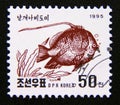 Postage stamp North Korea, 1995. Pennant Coralfish Heniochus acuminatus fish