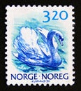 Postage stamp Norway 1990. White Swan Cygnus olor bird