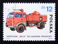 Postage stamp Poland 1985. Jelcz Car for Extinguishing with Powder fire brigade truck