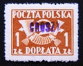 Postage stamp Poland, 1950. Posthorn 1945, Groszy Surcharge