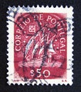 Postage stamp Portugal 1943. Old Caravel sailing ship 15th century
