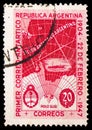 Postage stamp printed in Argentina shows Map of Argentine Antartict Claims, 43th anniversary of Postal Service in the Antartict Royalty Free Stock Photo