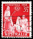 Postage stamp printed in Australia shows Adoration of Christ, Christmas 1958 serie, circa 1958