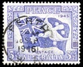 Postage stamp printed in Australia shows Flag and Dove, Peace and Victory serie, circa 1946