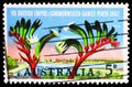 Postage stamp printed in Australia shows View of Perth, kangaroo paw - Anigozanthos manglesii, 5 d - Australian penny,