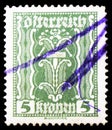 Postage stamp printed in Austria shows Symbolism: hammer & tongs, Symbolic subjects serie, circa 1922