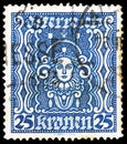 Postage stamp printed in Austria shows Woman's head, 25 kr - Austro-Hungarian krone, serie, circa 1922 Royalty Free Stock Photo