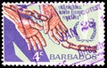 Postage stamp printed in Barbados shows Flame, Hands and Chain, Human Rights Year serie, circa 1968 Royalty Free Stock Photo