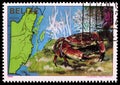 Postage stamp printed in Belize shows Batwing Coral Crab (Carpillius corallinus), 1st anniversary of Independence serie, circa