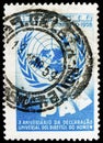 Postage stamp printed in Brazil devoted to 10 years of Universal Human Rights Declaration, circa 1958