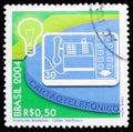 Postage stamp printed in Brazil shows Phonecard, Brazilian Inventions serie, circa 2004