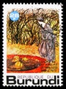 Postage stamp printed in Burundi shows Jacobs Joseph, Three heads in the well, Fairy tales and fables serie, circa 1977