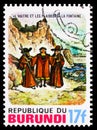 Postage stamp printed in Burundi shows LA FONTAINE, The man and the pleaders, Fairy tales and fables serie, circa 1977