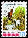 Postage stamp printed in Burundi shows La Fontaine, The Wolf And The Lamb, Fairy tales and fables serie, circa 1977