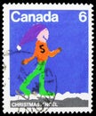 Postage stamp printed in Canada shows Skater Bill Cawsey, Christmas serie, circa 1975