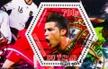 Postage stamp printed in Chad shows Cristiano Ronaldo, The footballers of the world serie, circa 2014