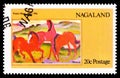 Postage stamp printed in Cinderellas shows Horses, Franz Marc, Nagaland serie, 20 Indian chuckram, circa 1973