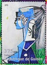 Postage stamp printed in Cinderellas shows Pablo Picasso, Portrait of Sylvette David, Guinea serie, circa 1998