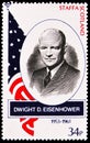 Postage stamp printed in Cinderellas shows Portrait of Dwight Eisenhower, Great americans serie, circa 1988