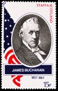 Postage stamp printed in Cinderellas shows Portrait of James Buchanan, Great americans serie, circa 1988