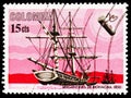 Postage stamp printed in Colombia shows Riohacha brigantine 1850, History of Maritime Mail serie, circa 1966